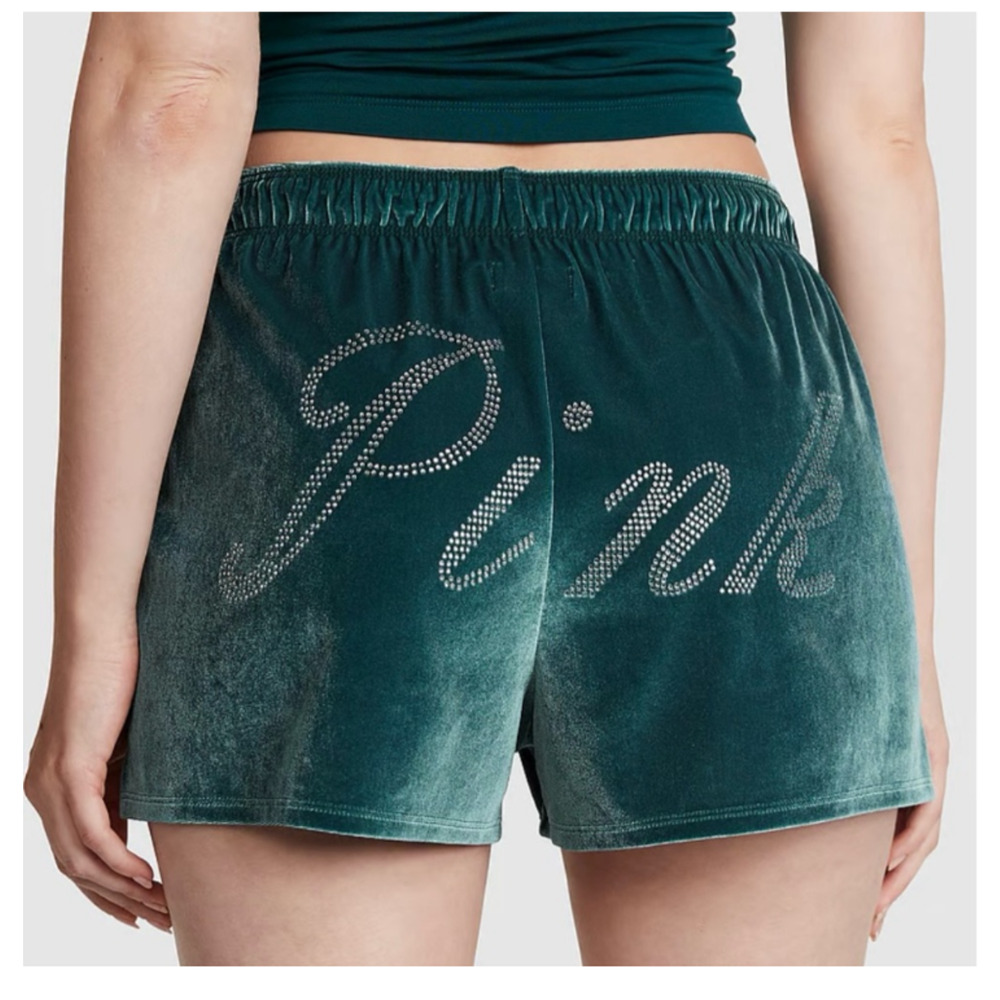 PINK Victoria's Secret Womens Boxer Shorts Large Green Velvet Loungewear Comfy